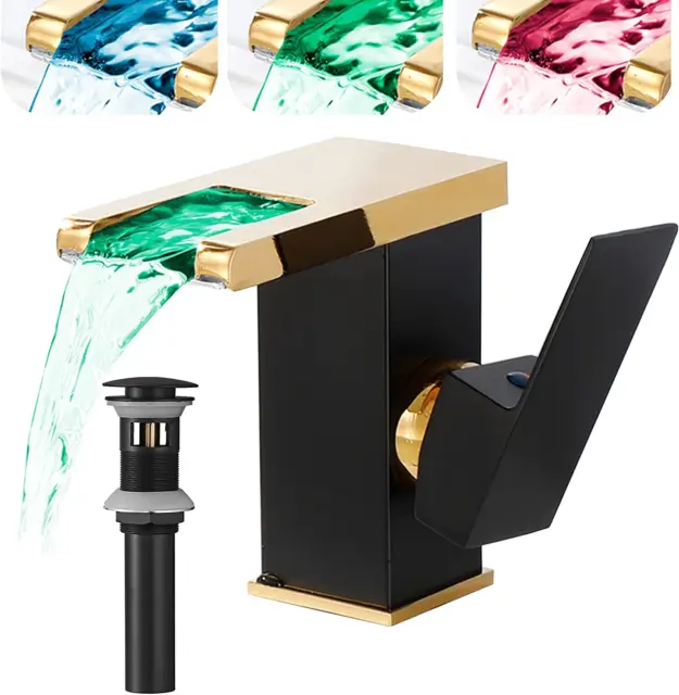 LED Waterfall Bathroom Faucet - Black/Gold, Single Handle, Matching Pop-Up Drain