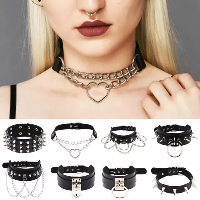 WOMEN GIRLS CHOKER Collar Necklace Ring PU Leather Heart Charm