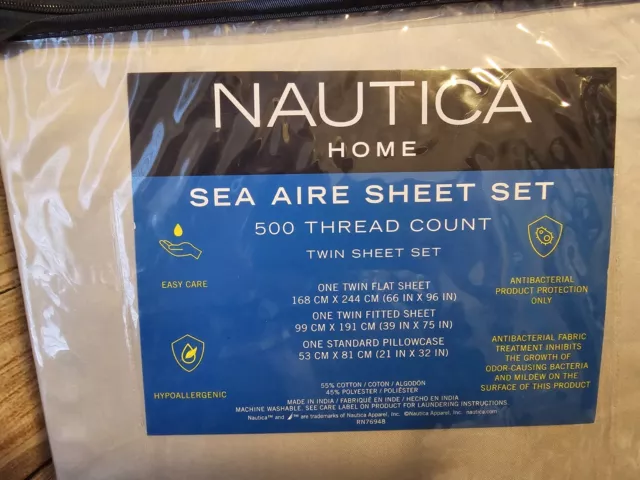 Nautica Home Sea Aire 500 Count Thread Gray Twin Bed Sheet Set - 3 Piece New 2