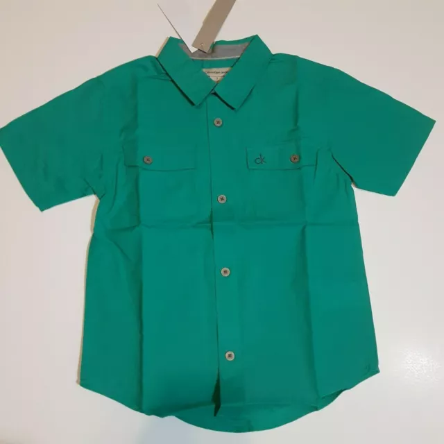 Calvin Klein Jeans Boys Button Up Shirt Size 7 Pockets Short Sleeve Aqua