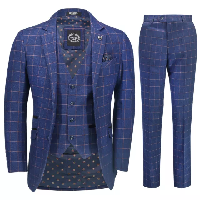 New Mens 3 Piece Blue Orange Window Check Retro Smart Tailored Fit Vintage Suit