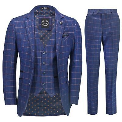 Nuovo Uomo 3 Pezzi Blu Arancione a Scacchi Rétro Smart Misura Fit Vintage Suit