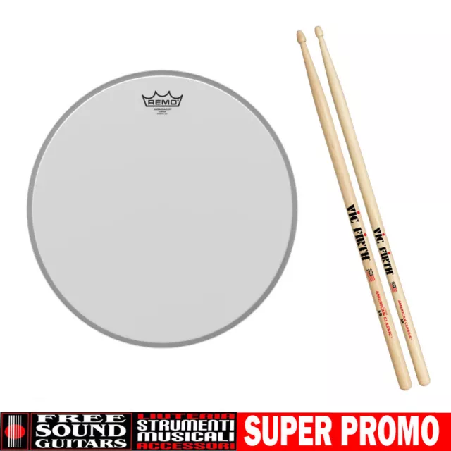 Pelle Remo Ambassador Coated 14" Pelle Batteria + Set Bacchette Vic Firht