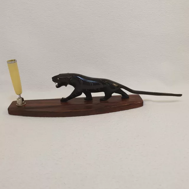 Vintage Hand Carved Wood EBONY Tiger Sculpture Figurine Desk Pen Holder India