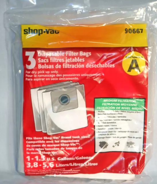 Shop Vac 90667 Genuine Type A Filter Bags ShopVac 1 - 1.5 Gallon 3 pack