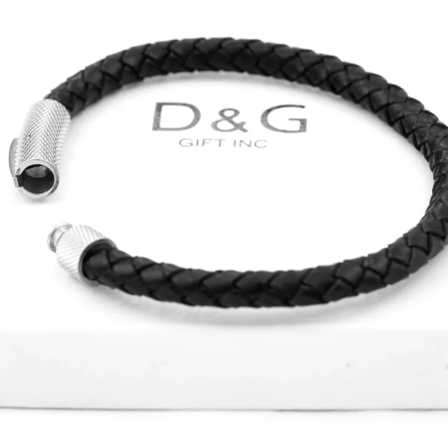 DG Men's 8"Stainless-Steel Silver,Gold,Black Braided.Leather Bracelet*Unisex.BOX 2