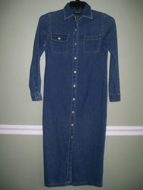 Ralph Lauren Jean Co Petite Denim Shirt Dress Long Sleeve Blue Button Up P/P