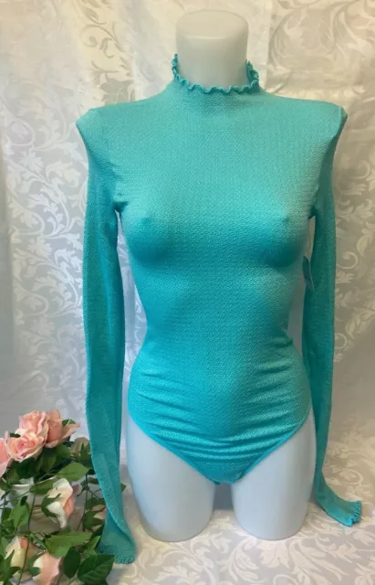 Free People Intimately Women Bodysuit Size M/L Turquoise High Neck Elastic New!