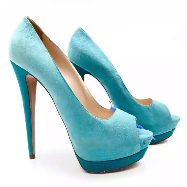 Prada Blue Suede Peep Toe Pumps Platform Heels Stiletto Two-Tone Sz 40 / 10 US