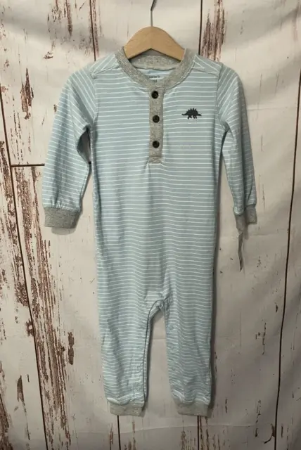 Carter's Baby Boy Size 24M 100%C L/S Blue/White/Grey Striped Dinosaur Outfit-NWT