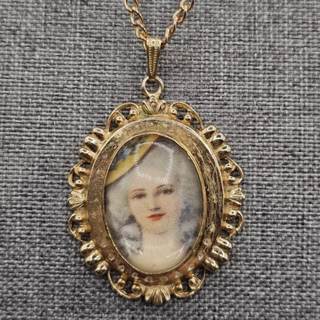 Coro Pegasus Portrait Pendant Necklace Gold Tone White Hair Woman Domed Lucite