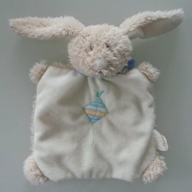 * Doudou Plat Bengy Marionnette Lapin Ecru Echarpe Bleu Cerf Volant  Excell Etat