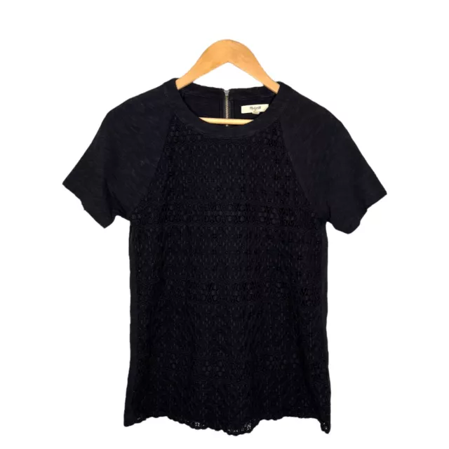 Madewell Crochet Lace Overlay Short Sleeve Top Black S 2