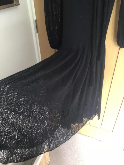 Vintage 1970s 80s Black Fine Wool Lined Crocheted Dress Size 14/16