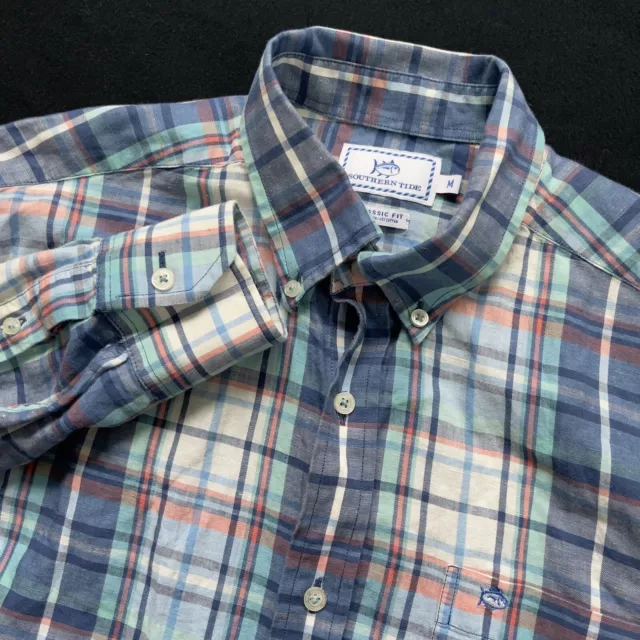 Southern Tide Button-Down Shirt Mens Medium Multicolor Plaid Linen Blend Classic