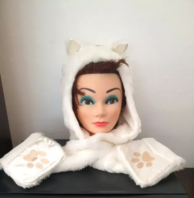 Bonnet Echarpe Peluche  Ours Blanc Fille Fausse Fourrure Hiver Polaire T- Unique