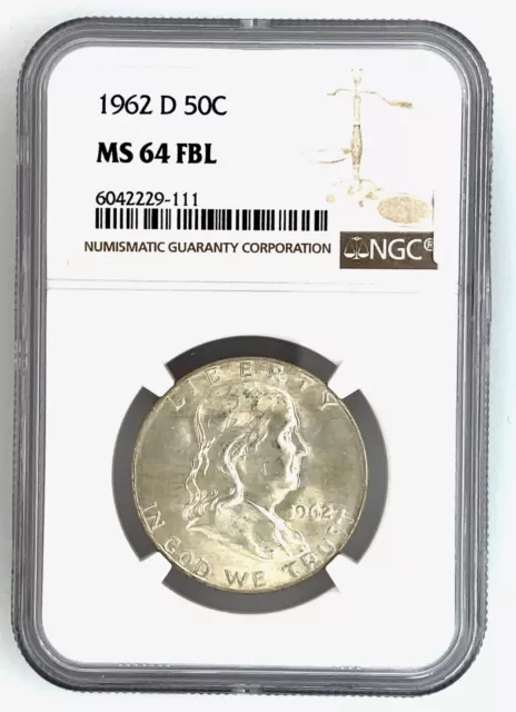 1962 D Franklin Half Dollar MS 64 FBL NGC 90% Silver 50c Uncirculated US Coin