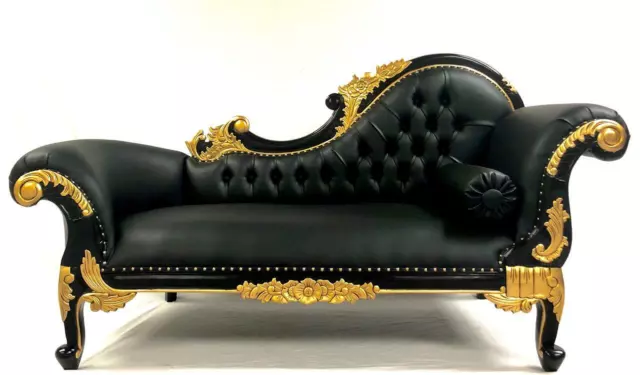 Rich Black & Gold French Style Ornate Chaise Sofa Faux Leather In Stock New