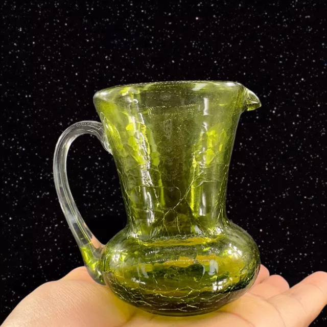 Hand Blown Crackled Art Glass Small Pitcher Creamer Green W Clear Handle Vintage