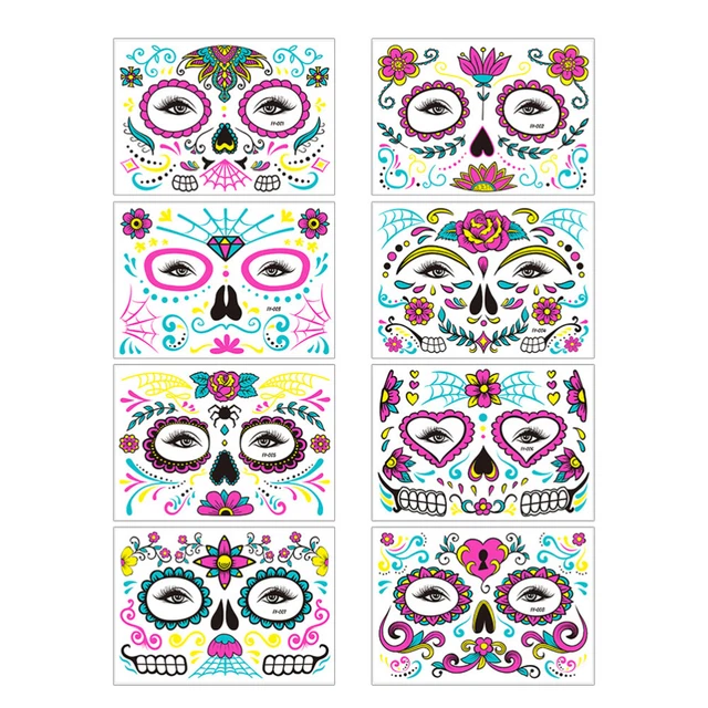8 Sheets Viso Adesivi Per Tatuaggi Adesivo Teschio Adesivi Per Costumi Splendere