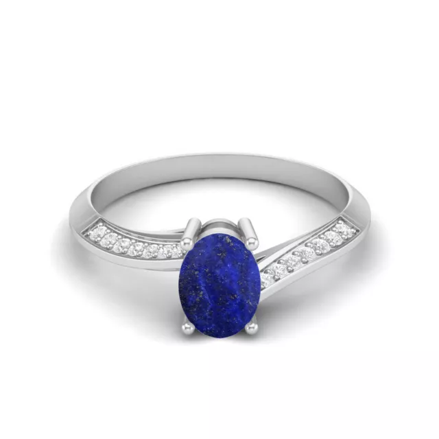 7x5MM Ovale Form Lapis Edelstein 14k Weiss Gold Solitaire Damen Verlobungsring