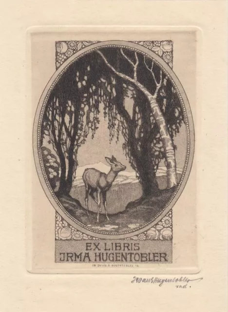 Exlibris Bookplate Radierung Iwan Edwin Hugentobler 1886-1972 Reh Birken Berge