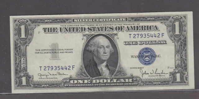 1935 D US  Silver Certificate $1.00 Banknote Blue Seal UNC