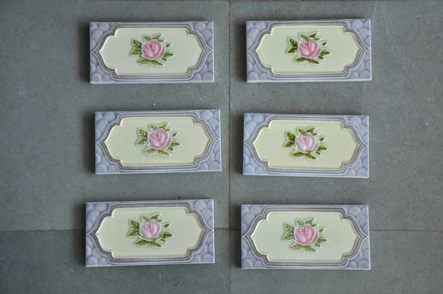 6 Pc Vintage Majolica Decorative Flower Art Nouveau Architecture Tiles,Japan 2