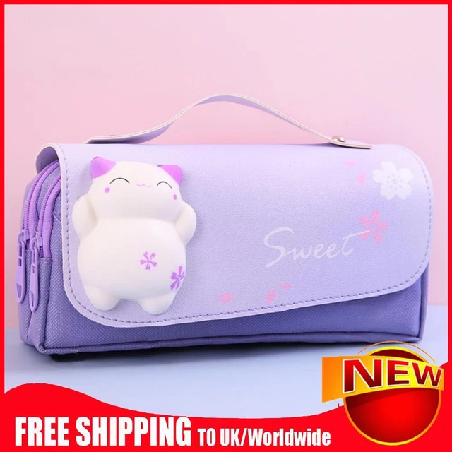Kawaii Pencil Case Large Korean Girl School Stationery Pen Bag (Cat Purple)