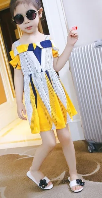 Color Block Cold Shoulder Causel Girls Dress Summer Clothing Kids Size 130