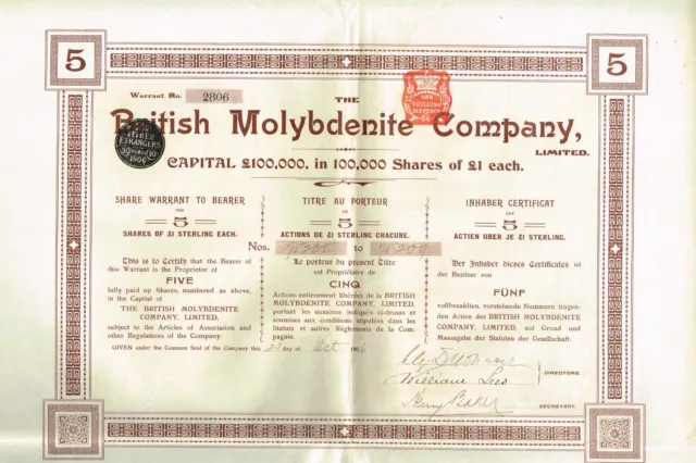 ENGLAND BRITISH MOLYBDENITE COMPANY bond/ stock certificate