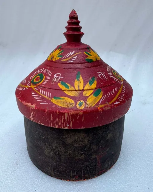 Antique Wooden Kum Kum Powder Tika Box Original Old Hand Carved Lacquer Painted