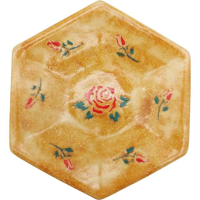 Handmade Signed Pottery Trinket Dish Tray - 8" Brown Red Rose Buds Floral Flower