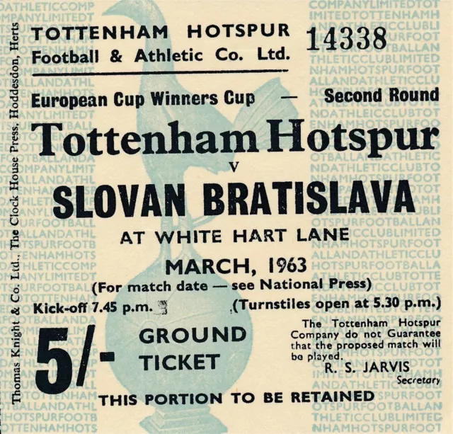 TICKET: Tottenham v Slovan Bratislava (Cup Winners Cup) 1962/1963