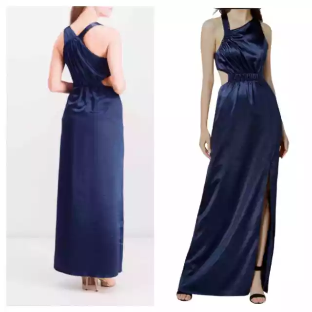 size 8 Avec Les Filles Navy Blue Stretch Satin Gown Maxi Cutout Cocktail Dress