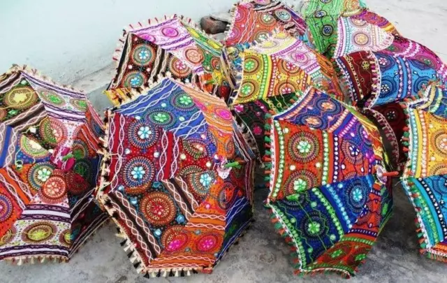 Indian Wholesale Lot Vintage Embroidered Pure Cotton Umbrellas Sun Parasol Decor 2