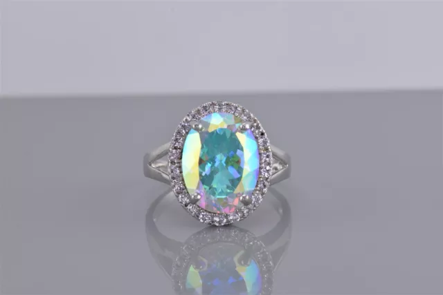 Sterling Silver Oval Mystic Topaz Halo Statement Split Band Ring DK 925 Sz: 11