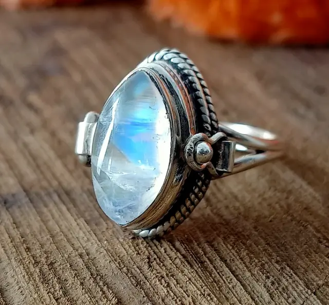 Rainbow Moonstone Poison Box Ring, 925 Sterling Silver Handmade Ring, Gift Her,