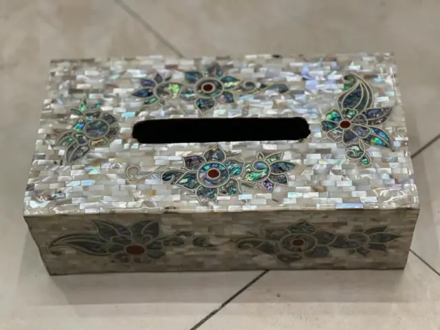 Handmade Wood Tissue Box inlaid Mother of Pearl
