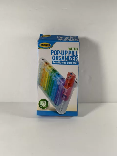 IDEAWORKS Weekly Pop-Up Pill Organizer Portable Color-Coded Pods New In Open Box