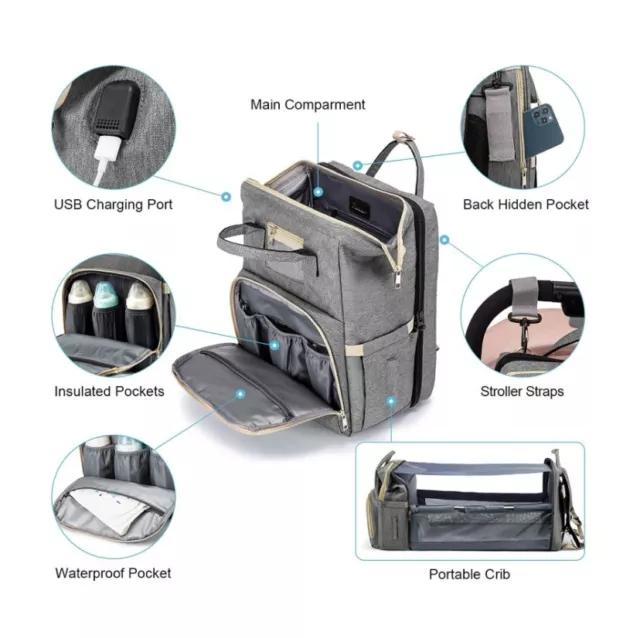 3 in 1 Baby Diaper Bag Backpack with Changing Station, Grey, Waterproof