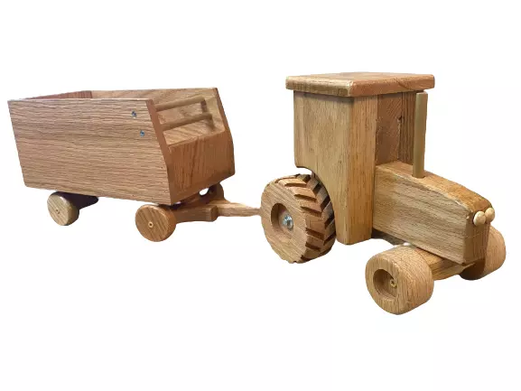 LARGE OAK CAB TRACTOR & FORAGE WAGON - Amish Handmade Wooden Farm Toy