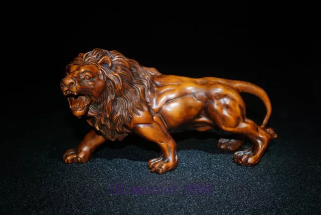 Decoration Collection China Old Boxwood Hand Carved Force Lion King Statue L5.2"