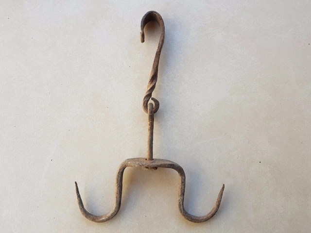 ANTIQUE 19th CENTURY Hand Forged Wrought Iron Hook Hanger Old Fireplace Vintage