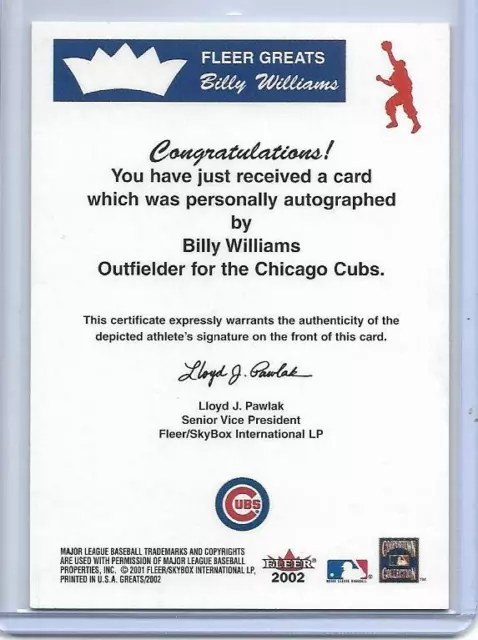 2002 Fleer Greats Hall Of Famer Billy Williams Autograph Auto Chicago Cubs 2