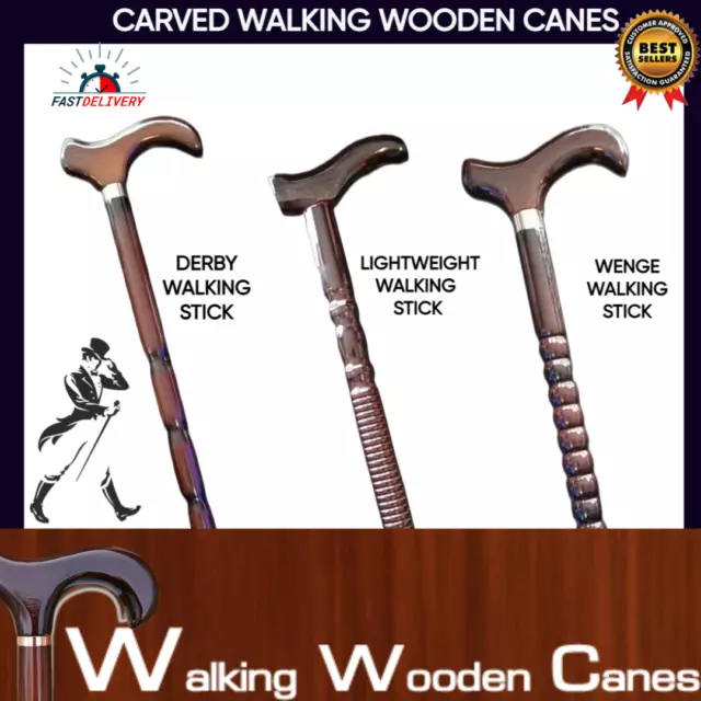 93cm WOODEN WALKING STICK Wood Cane Pole Carved Varnished Deluxe