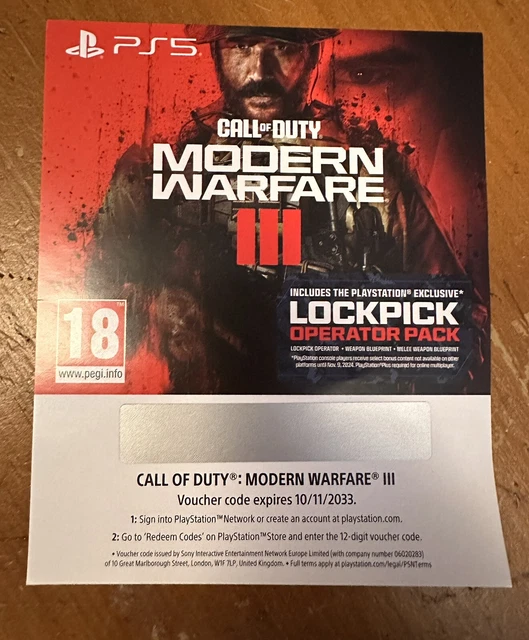 Call Of Duty Modern Warfare III. COD MW3 PS5 Code Inc. Lockpick Exclusive.