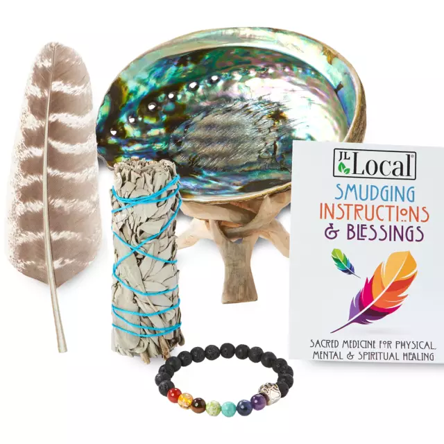 White Sage Smudge Stick Kit | Feather, Abalone Shell | Sage Smudging Kit