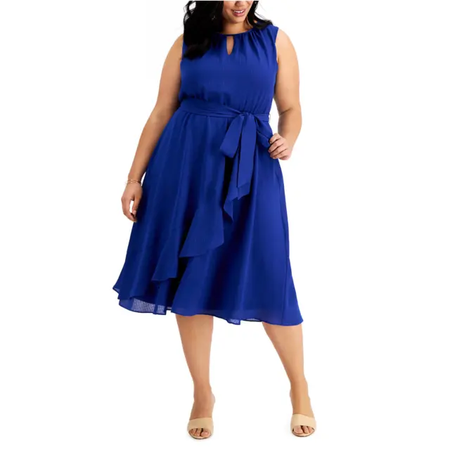 Jessica Howard Womens Blue Ruffled Sleeveless Faux Wrap Midi Dress Plus 14W