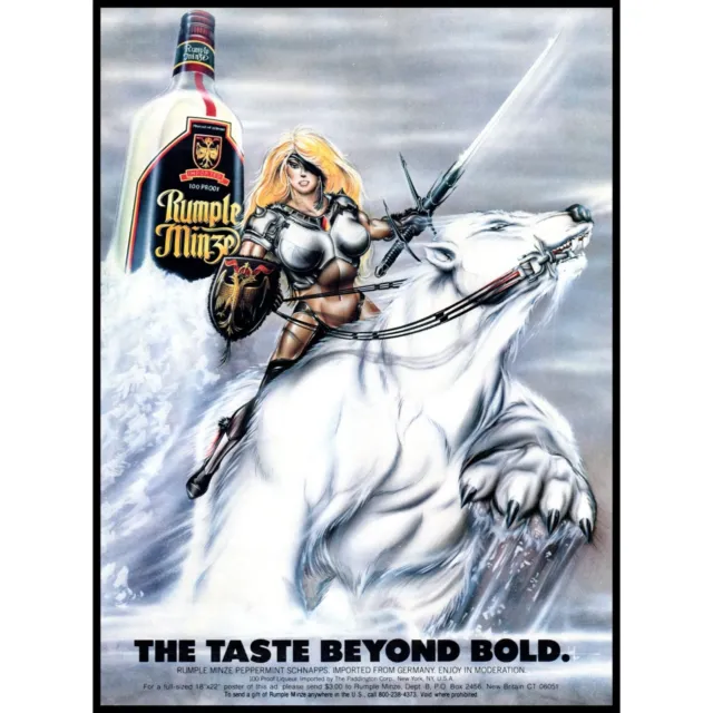 1987 Rumple Minze Schnapps Vintage Print Ad Warrior Princess Polar Bear Wall Art